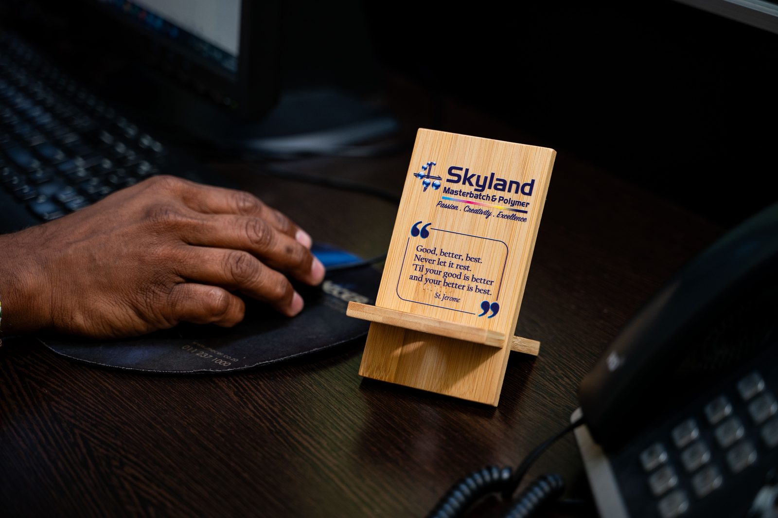 Skyland office desk stand with brand values